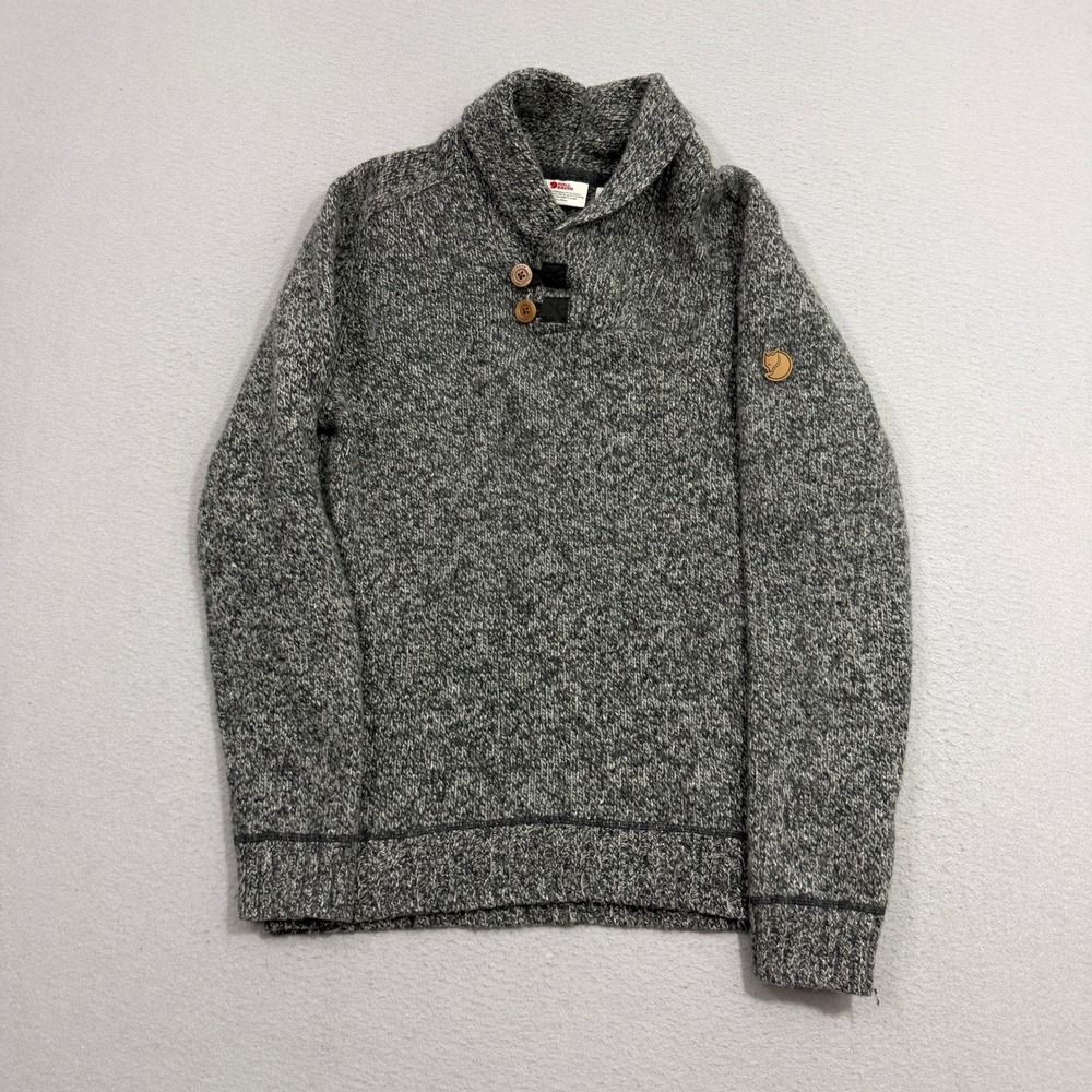 Fjallraven Sweater Medium Grey Lada Sweater Shawl Neck Button Marl Wool Blend